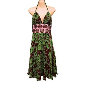 Phoebe Couture Silk Party Dress‎ with Wooden Bead Detail, Green & Brown, Sz 4